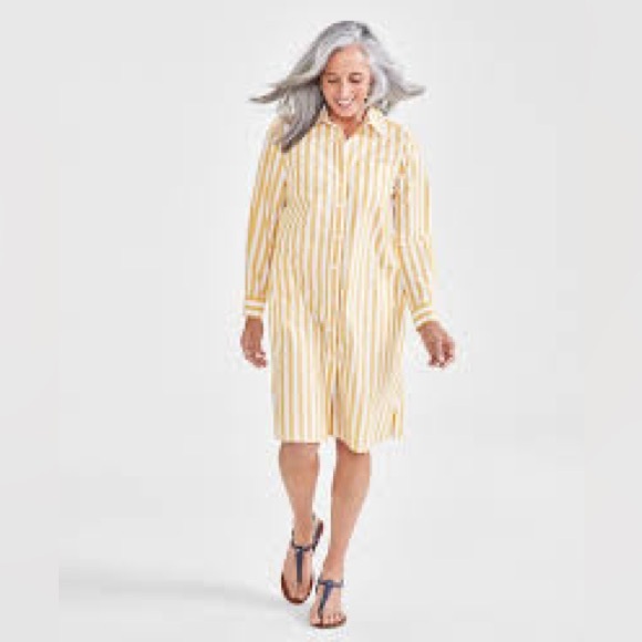 Style & Co. Dresses & Skirts - Style & Co Yellow White Striped Button Down Shirt Dress XL Long Sleeve Pocket